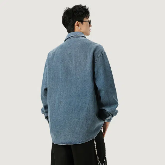 佐菲利 美式复古水洗做旧简约工装衬衫潮牌衬衣休闲上衣牛仔外套 男女同款