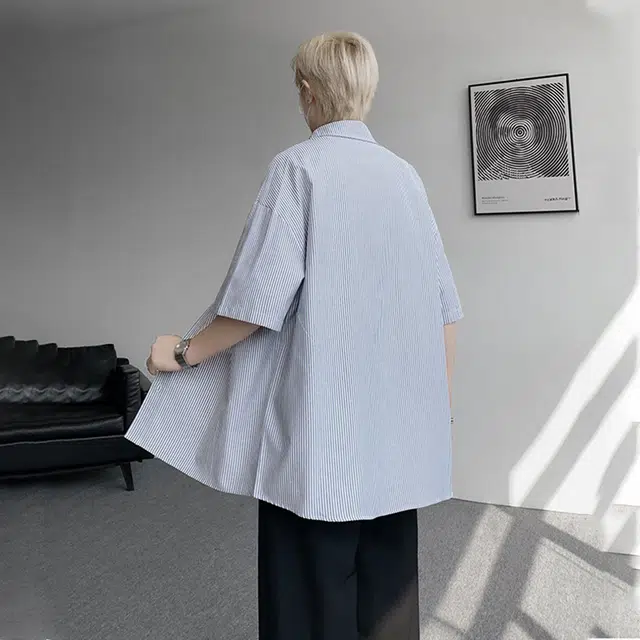 佐菲利 港风宽松条纹中袖外套透气短袖衬衫 男女同款
