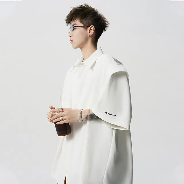 佐菲利 假两件垂感高级感慵懒廓形衬衣宽松冰丝外套夏季短袖衬衫 男款