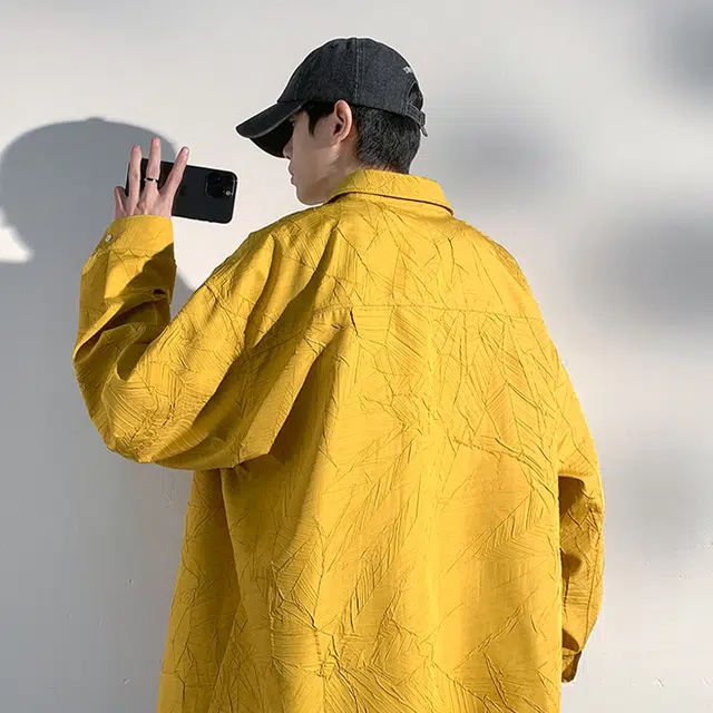 佐菲利 高级感痞帅爆裂纹长袖美式高街复古垫肩外套衬衣衬衫 男女同款