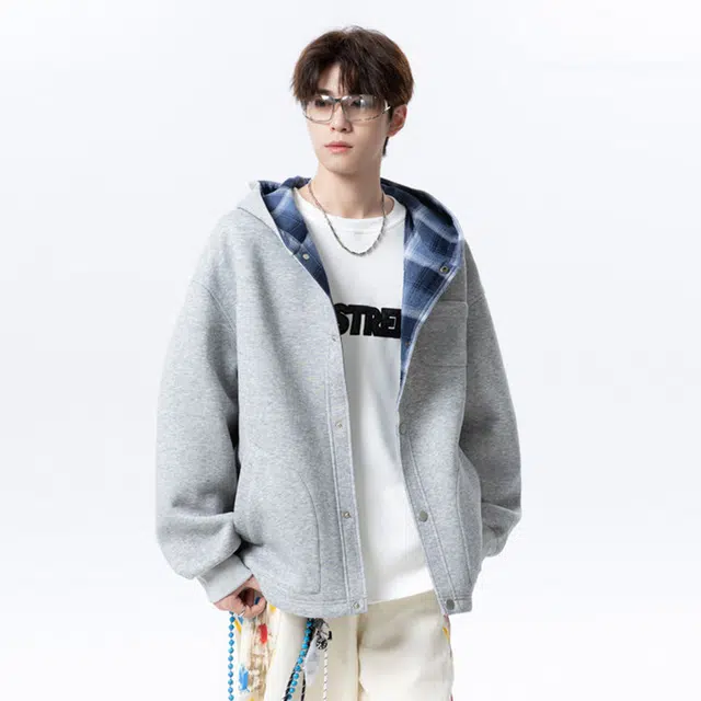 佐菲利 复古格子拼接开衫外套美式重磅连帽衫高级感夹克卫衣 男女同款