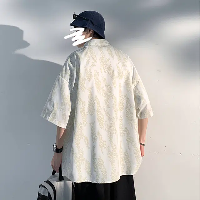 佐菲利 美式潮流潮牌高级暗纹印花休闲薄款宽松短袖衬衫 男女同款