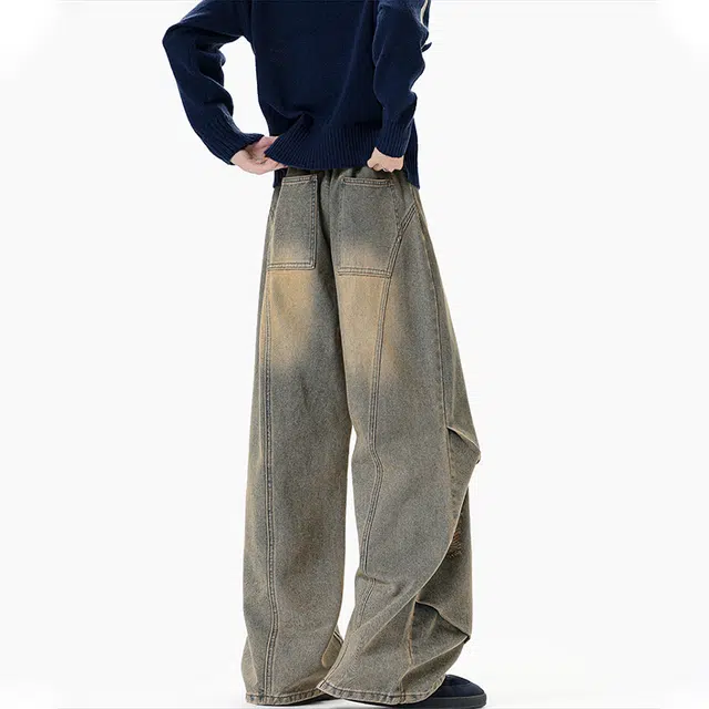 佐菲利 美式复古破洞夏季潮牌痞帅炸街裤子乞丐高裆弯刀微喇裤牛仔裤 男女同款