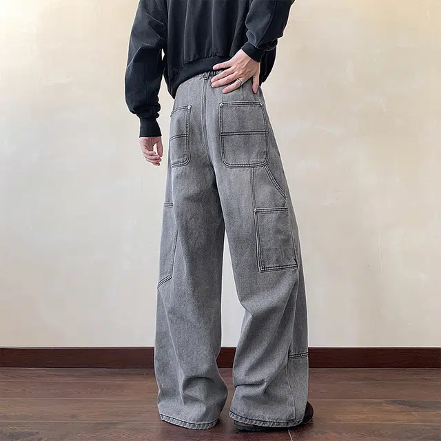 佐菲利 美式铆钉工装水洗做旧复古潮流高街宽松直筒阔腿裤子牛仔裤 男女同款