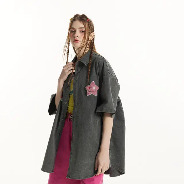 佐菲利 复古简约百搭个性印花设计港风潮牌痞帅牛仔夏季短袖衬衫 男女同款