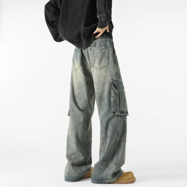 佐菲利 多口袋水洗工装美式复古宽松休闲百搭做旧直筒长裤牛仔裤 男女同款