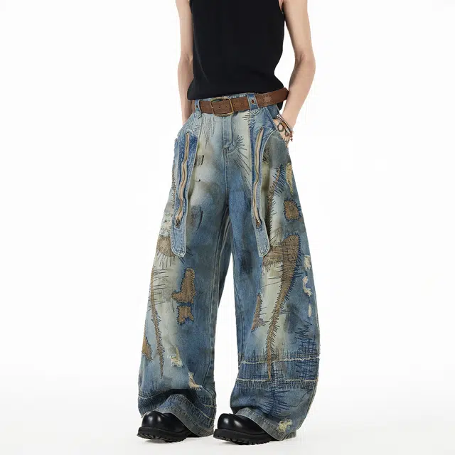 佐菲利 美式重工弯刀潮牌乱针刺绣裤子废土风阔腿长裤牛仔裤 男女同款
