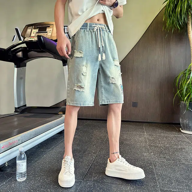 佐菲利 破洞休闲复古水洗炸街痞帅裤子宽松潮牌直筒夏季牛仔短裤 男女同款