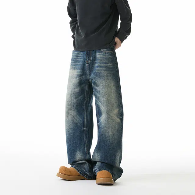 佐菲利 美式复古做旧直筒垂感显瘦小个子低腰阔腿裤子牛仔裤 男女同款
