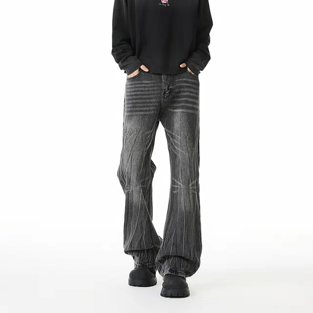 佐菲利 美式复古水洗做旧高街百搭直筒裤潮牌褶皱宽松长裤牛仔裤 男女同款