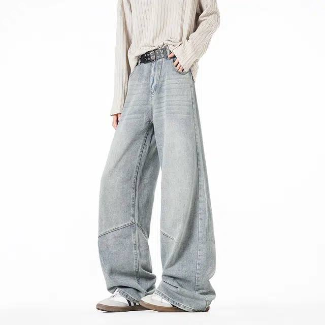 佐菲利 美式水洗做旧高街百搭宽松阔腿潮牌褶皱拼接长裤牛仔裤 男女同款