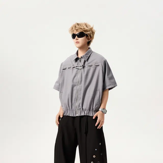 佐菲利 美式宽松百搭小众设计感短袖衬衫 男女同款 灰色