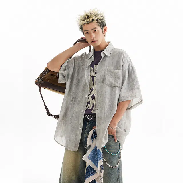 佐菲利 薄款防晒扎染速干宽松时尚短袖衬衫 男女同款