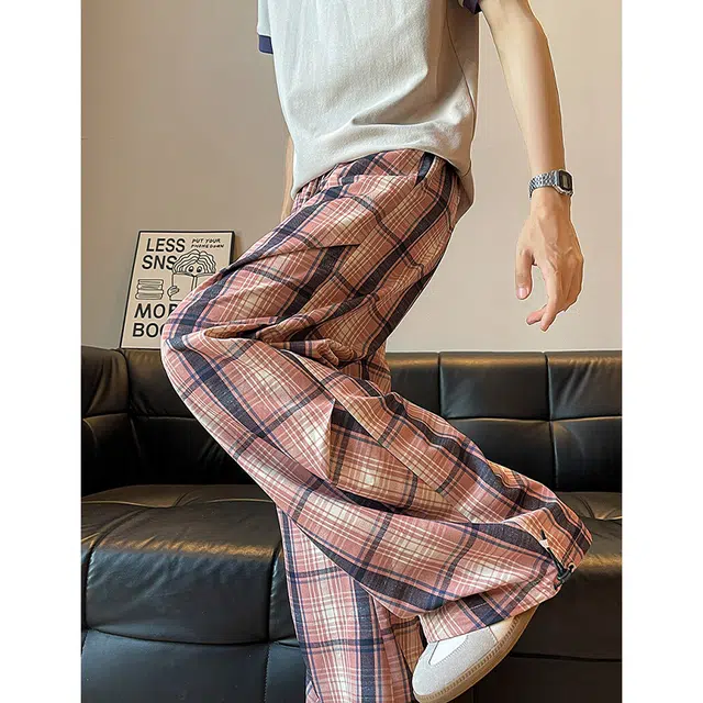 佐菲利 美式复古撞色格纹薄款透气阔腿裤宽松慵懒风直筒裤休闲裤 男女同款