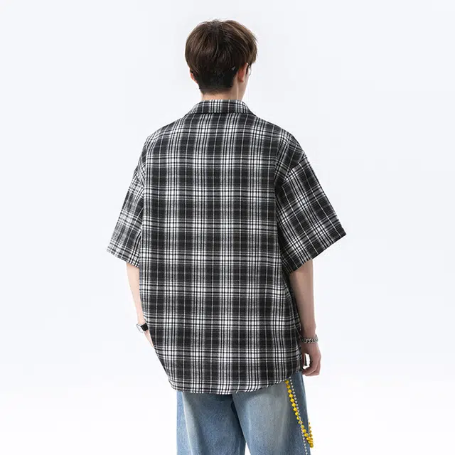 佐菲利 格子夏季美式复古高级感情侣休闲衬衣外套短袖衬衫 男女同款