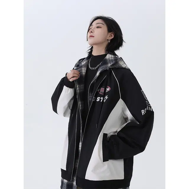 佐菲利 连帽假两件格子小众设计感拼接撞色美式高街字母夹克外套 男女同款
