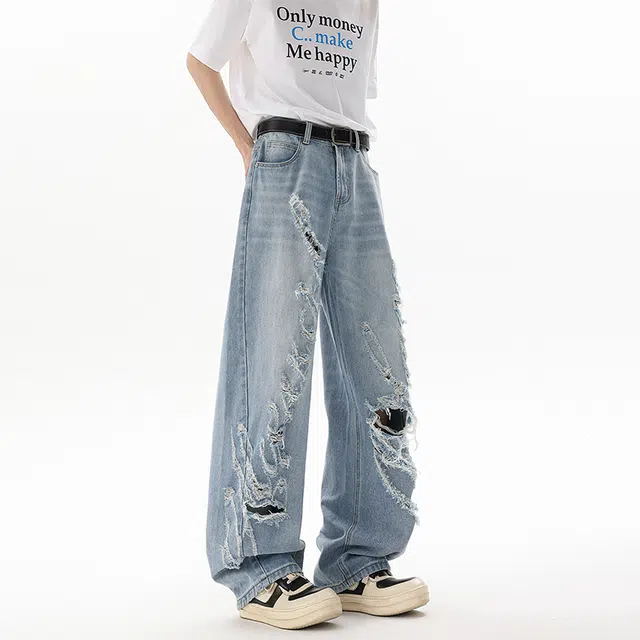 佐菲利 美式做旧破洞宽松松弛感直筒牛仔裤 男女同款