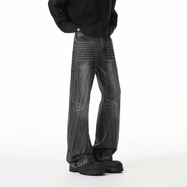 佐菲利 美式复古水洗做旧高街百搭直筒裤潮牌褶皱宽松长裤牛仔裤 男女同款