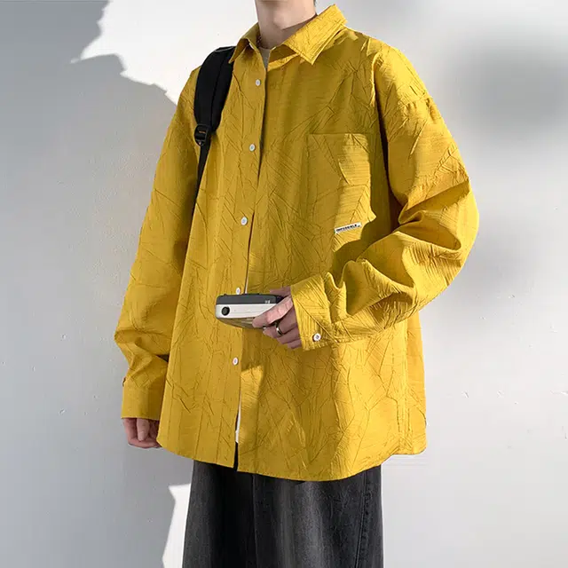 佐菲利 高级感痞帅爆裂纹长袖美式高街复古垫肩外套衬衣衬衫 男女同款