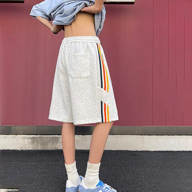 佐菲利 彩虹织带条纹拼接夏季小众痞帅高级感宽松质感阔腿休闲短裤 男款