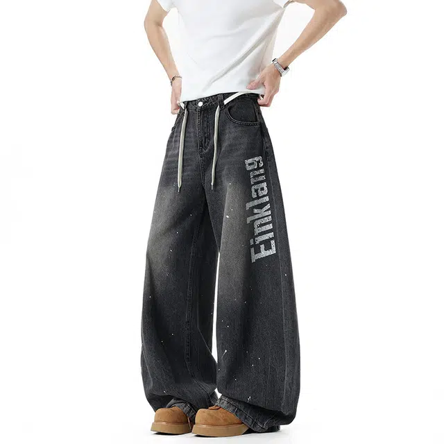 佐菲利 高街泼墨夏季美式潮牌做旧弯刀裤子复古百搭印花阔腿长裤牛仔裤 男款