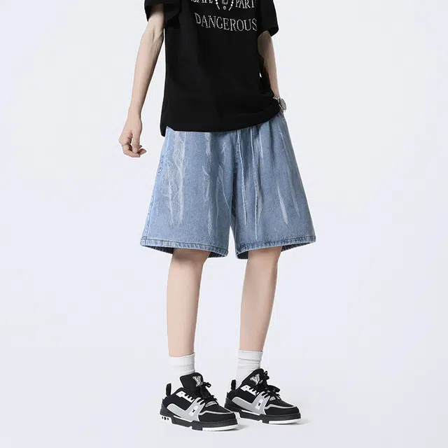 佐菲利 美式复古水洗做旧五分裤子设计感宽松直筒牛仔短裤 男款