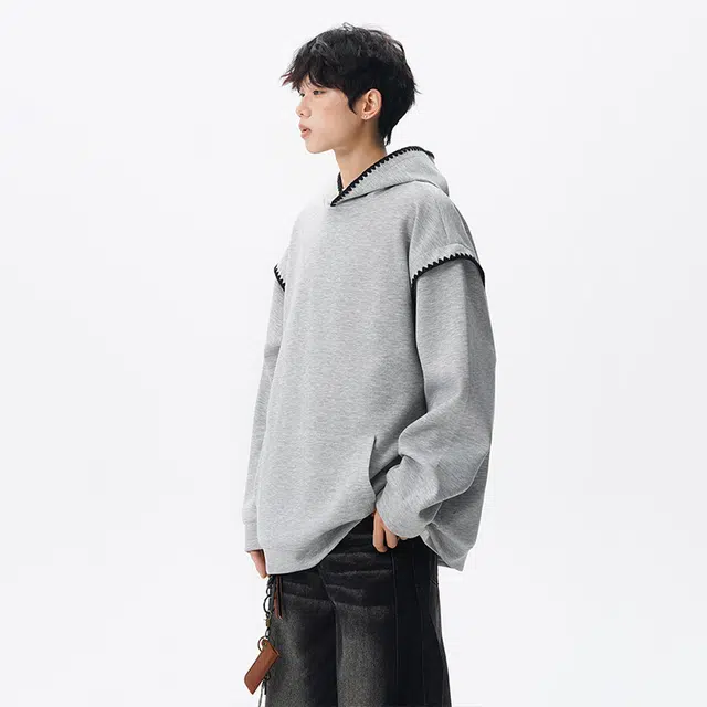 佐菲利 连帽贝壳绣花宽松情侣套头帽衫带帽外套卫衣 男女同款