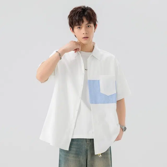 佐菲利 美式拼接宽松高级感痞帅翻领衬衣学院风休闲外套潮夏季短袖衬衫 男款