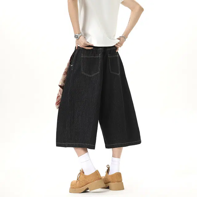 佐菲利 美式复古直筒阔腿牛仔短裤 男女同款