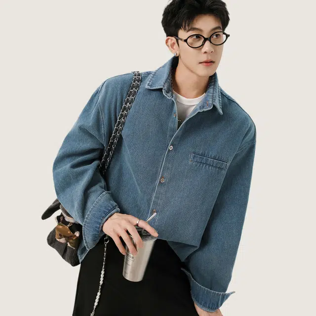 佐菲利 美式复古水洗做旧简约工装衬衫潮牌衬衣休闲上衣牛仔外套 男女同款