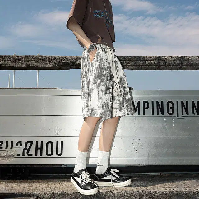 佐菲利 美式复古扎染薄款裤子直筒宽松五分裤运动中裤休闲短裤 男款