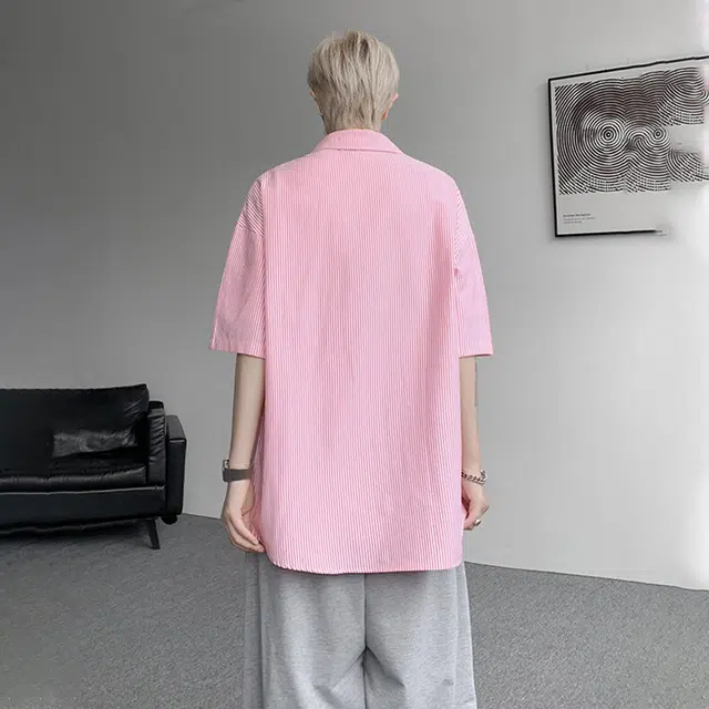 佐菲利 港风宽松条纹中袖外套透气短袖衬衫 男女同款