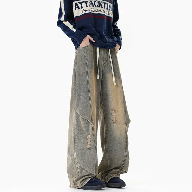 佐菲利 美式复古破洞夏季潮牌痞帅炸街裤子乞丐高裆弯刀微喇裤牛仔裤 男女同款