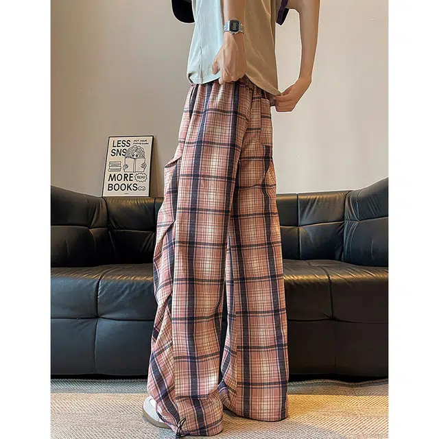 佐菲利 美式复古撞色格纹薄款透气阔腿裤宽松慵懒风直筒裤休闲裤 男女同款