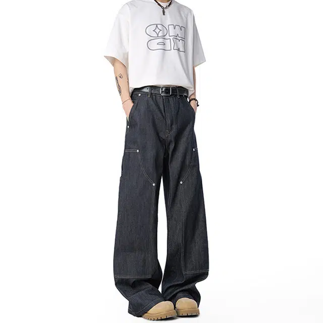 佐菲利 美式高街铆钉潮牌阔腿宽松舒适牛仔裤 男女同款