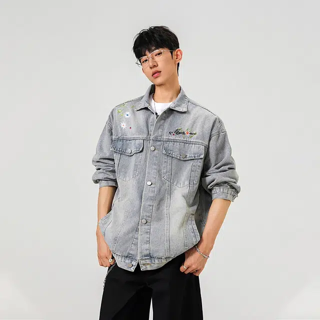 佐菲利 美式复古高街时尚百搭刺绣花卉短潮流宽松牛仔外套 男女同款