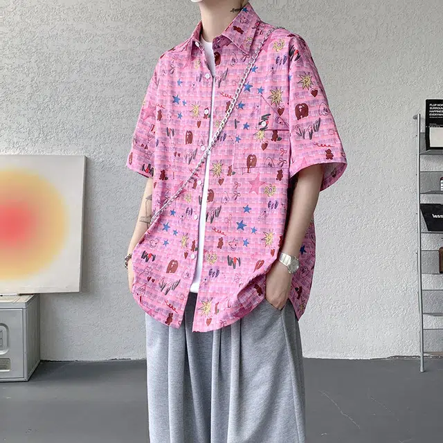 佐菲利 美式涂鸦印花潮牌设计感休闲短袖衬衫 男女同款