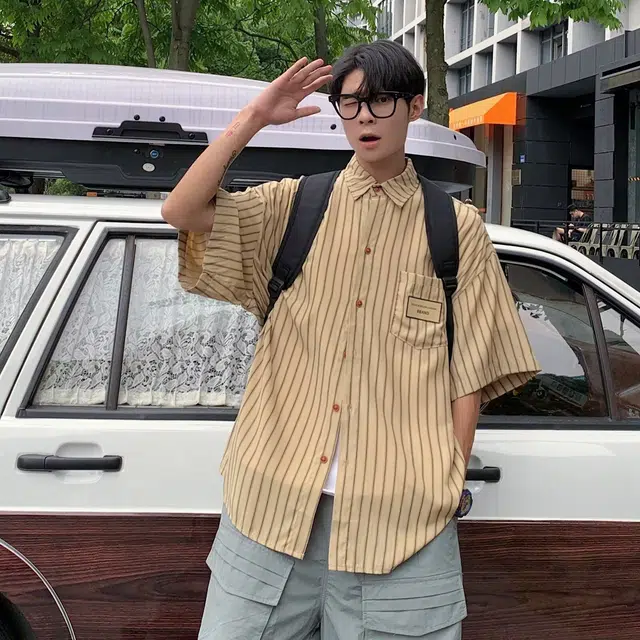 佐菲利 美式复古港风条纹翻领高级感痞帅小众设计感短袖衬衫 男女同款