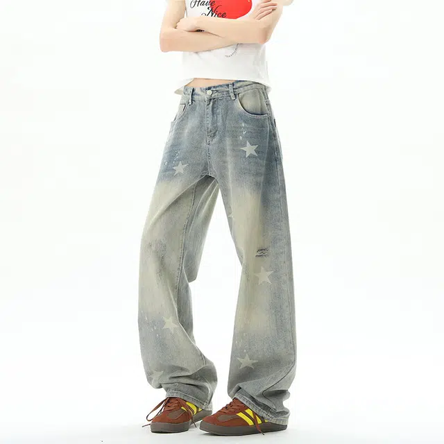佐菲利 高街水洗直筒夏季美式复古做旧星星印花宽松显瘦超火牛仔裤 男女同款