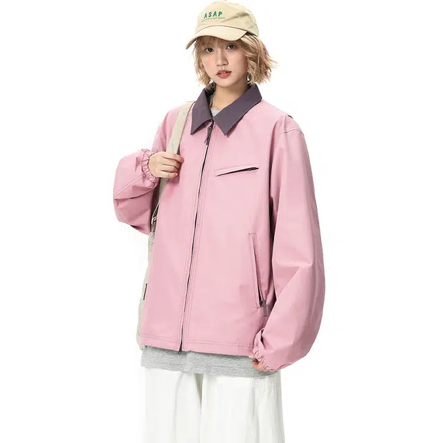 佐菲利 美式撞色翻领潮牌复古宽松休闲情侣夹克外套 男女同款