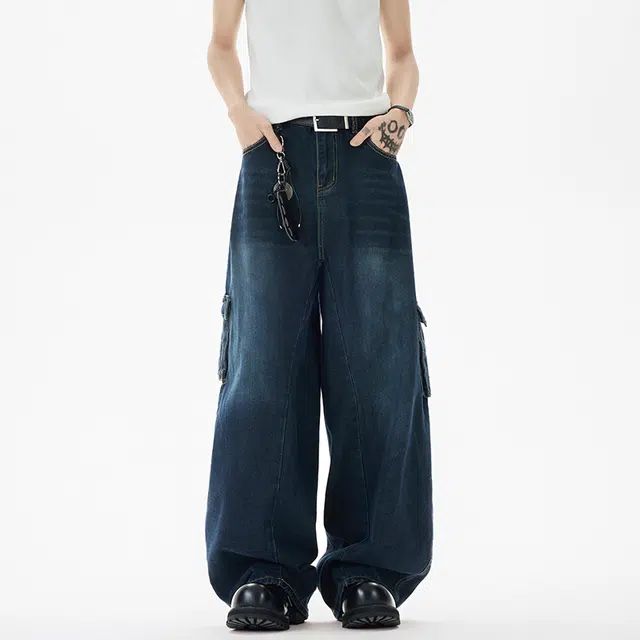 佐菲利 美式水洗多口袋弯刀复古潮牌做旧长裤夏季宽松垂感阔腿裤牛仔裤 男款