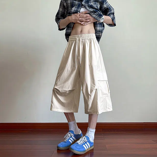 佐菲利 褶皱复古工装裤夏季薄款宽松直筒阔腿裤潮牌痞帅七分裤休闲短裤 男女同款