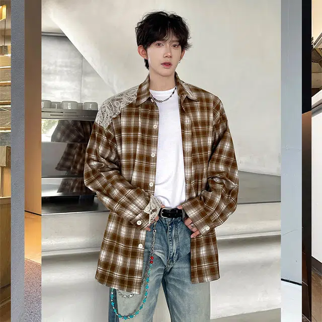 佐菲利 美式复古格子青少年撞色休闲上衣宽松百搭情侣外套衬衫 男女同款