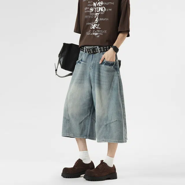 佐菲利 美式解构弯刀七分裤夏季宽松复古高级感直筒百搭阔腿牛仔短裤 男女同款