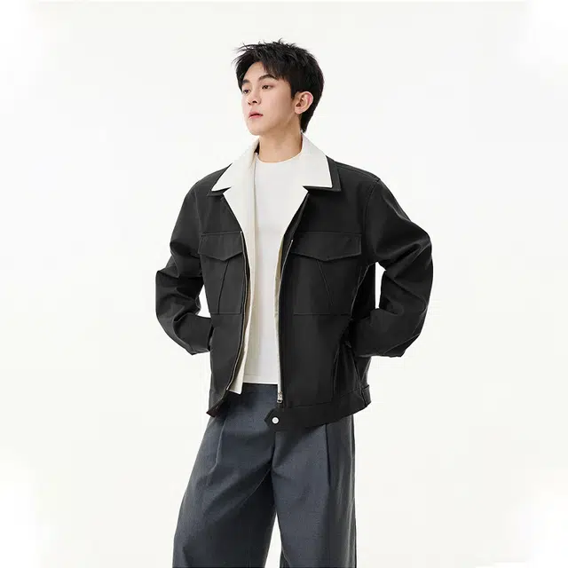 佐菲利 老钱风假两件拼接美式复古水洗麂皮正肩外套高智感穿搭夹克 男女同款