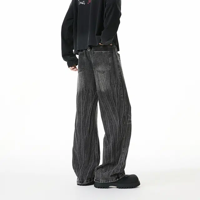 佐菲利 美式复古水洗做旧高街百搭直筒裤潮牌褶皱宽松长裤牛仔裤 男女同款