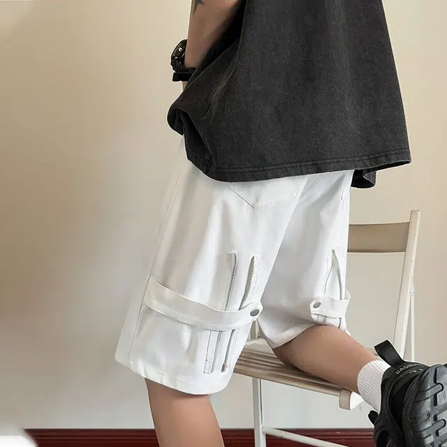 佐菲利 美式高街拉链薄款设计感痞帅五分裤宽松直筒工装裤休闲短裤 男款