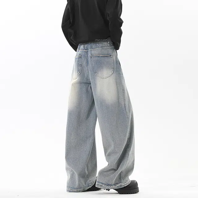 佐菲利 美式复古弯刀飘带设计感裤子高街垂感拖地阔腿长裤牛仔裤 男女同款