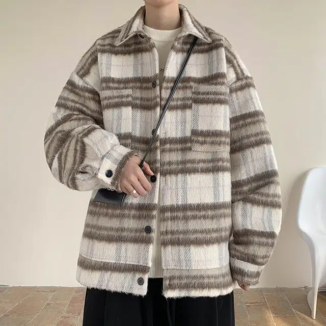 佐菲利 重磅毛呢格子外套美式撞色翻领工装夹克潮牌小香风情侣上衣大衣 男女同款