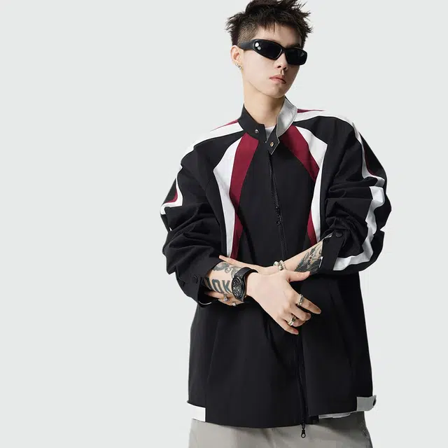 佐菲利 美式裁片拼接立领外套潮牌宽松高街痞帅拉链机车服夹克 男女同款